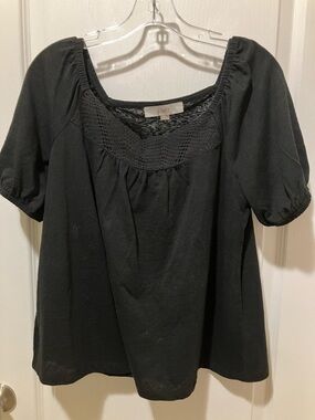 LOFT Black Crochet Yoke Puff Sleeve Top